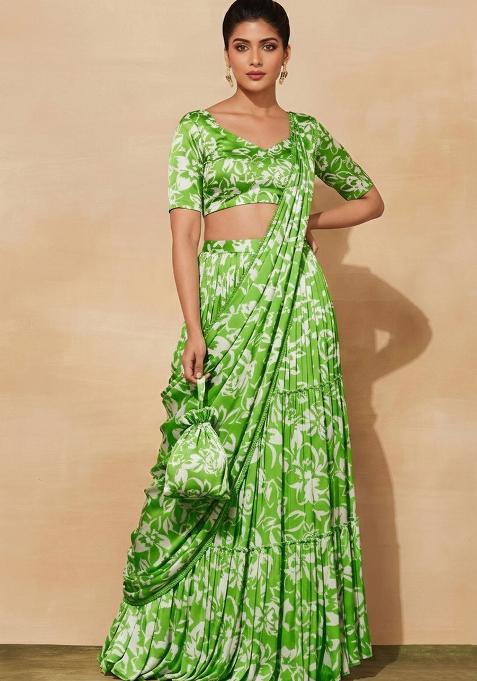 Green Floral Print Satin Pre Draped Saree Set