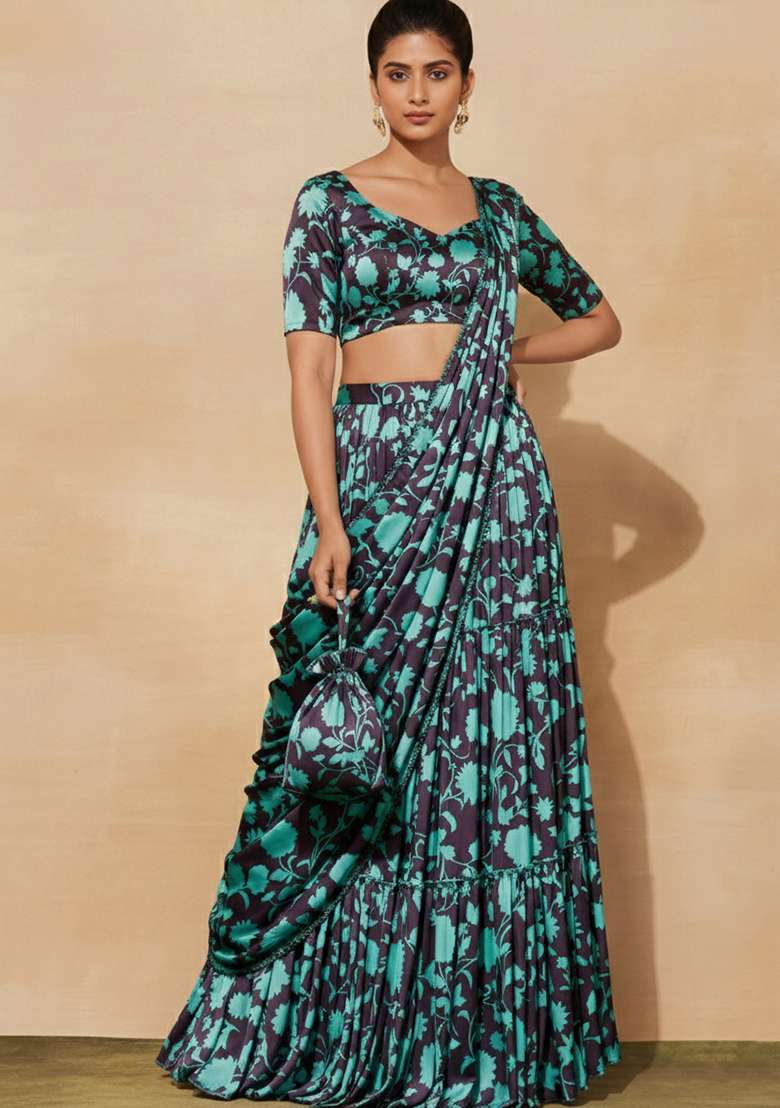 Aqua Blue Floral Print Satin Pre Draped Saree Set - Indya