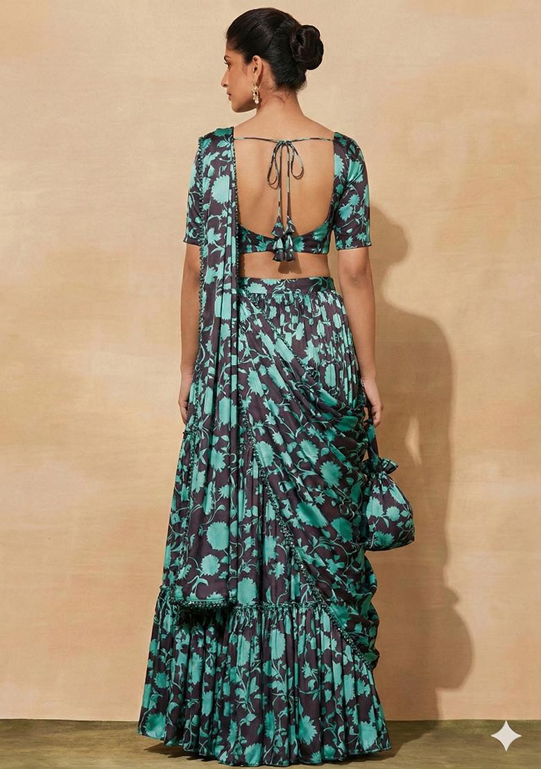 Aqua Blue Floral Print Satin Pre Draped Saree Set - Indya