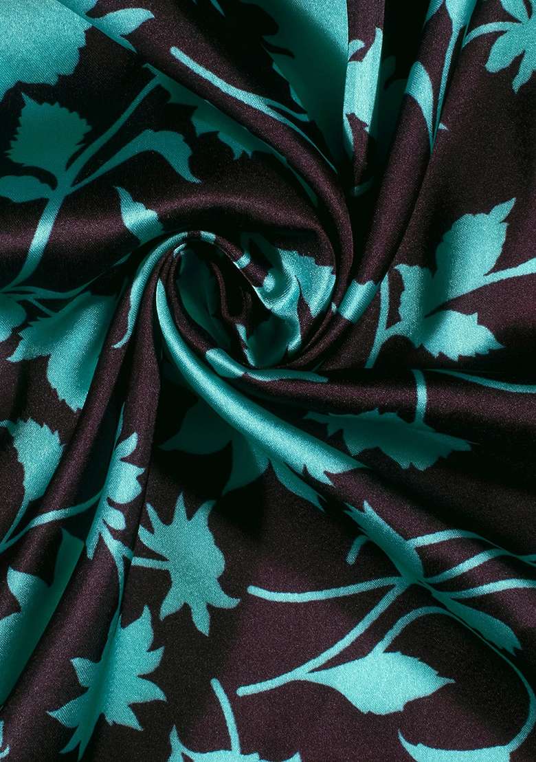 Aqua Blue Floral Print Satin Pre Draped Saree Set - Indya