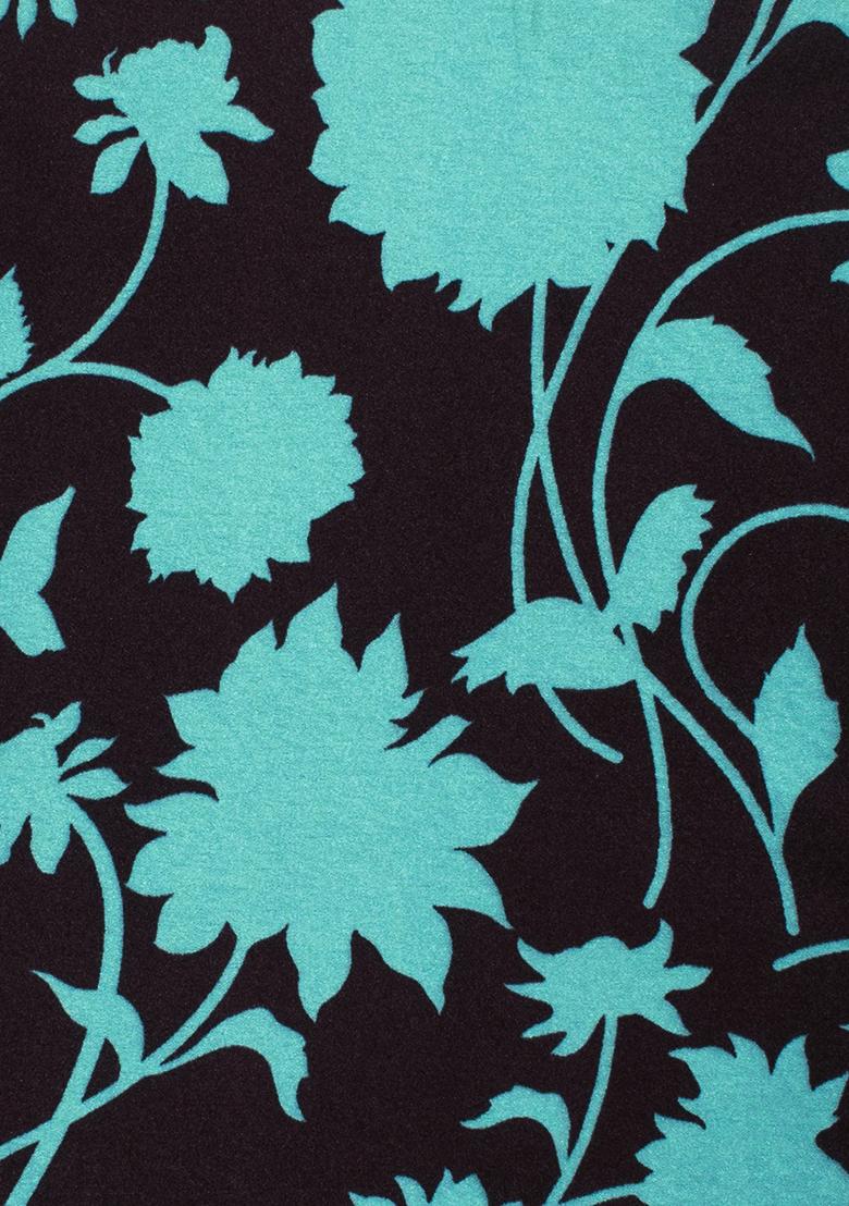 Aqua Blue Floral Print Satin Pre Draped Saree Set - Indya