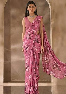 Blush Pink Floral Print Satin Pre Draped Saree Set