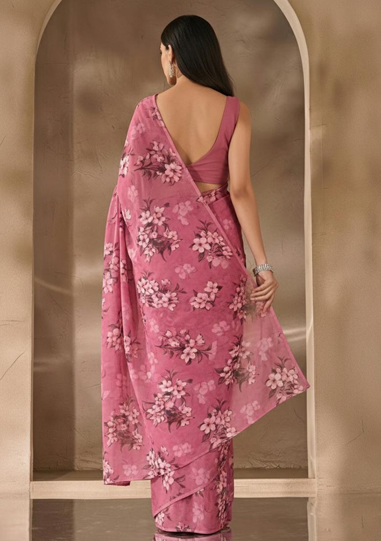 Blush Pink Floral Print Satin Pre Draped Saree Set - Indya