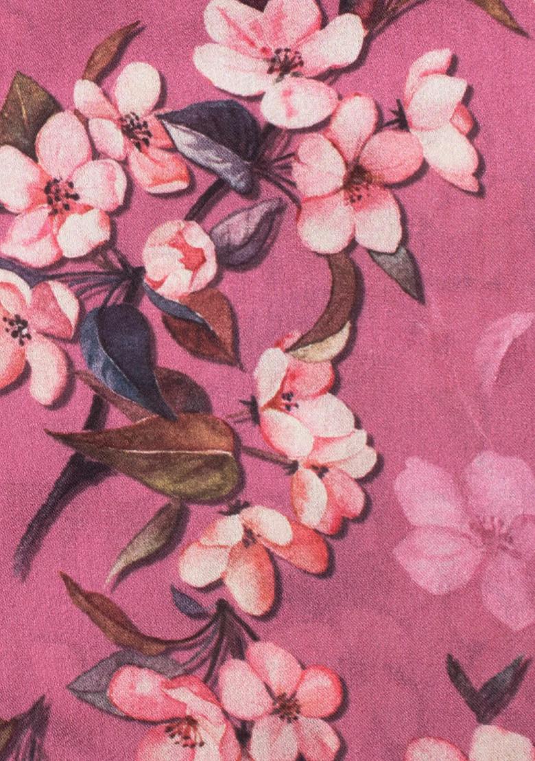 Blush Pink Floral Print Satin Pre Draped Saree Set - Indya