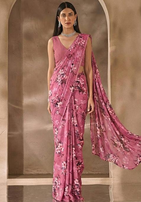 Blush Pink Floral Print Satin Pre Draped Saree Set