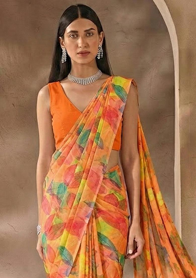 Orange Floral Print Satin Pre Draped Saree Set - Indya
