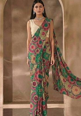 Green Printed Satin Pre Draped Saree Set
