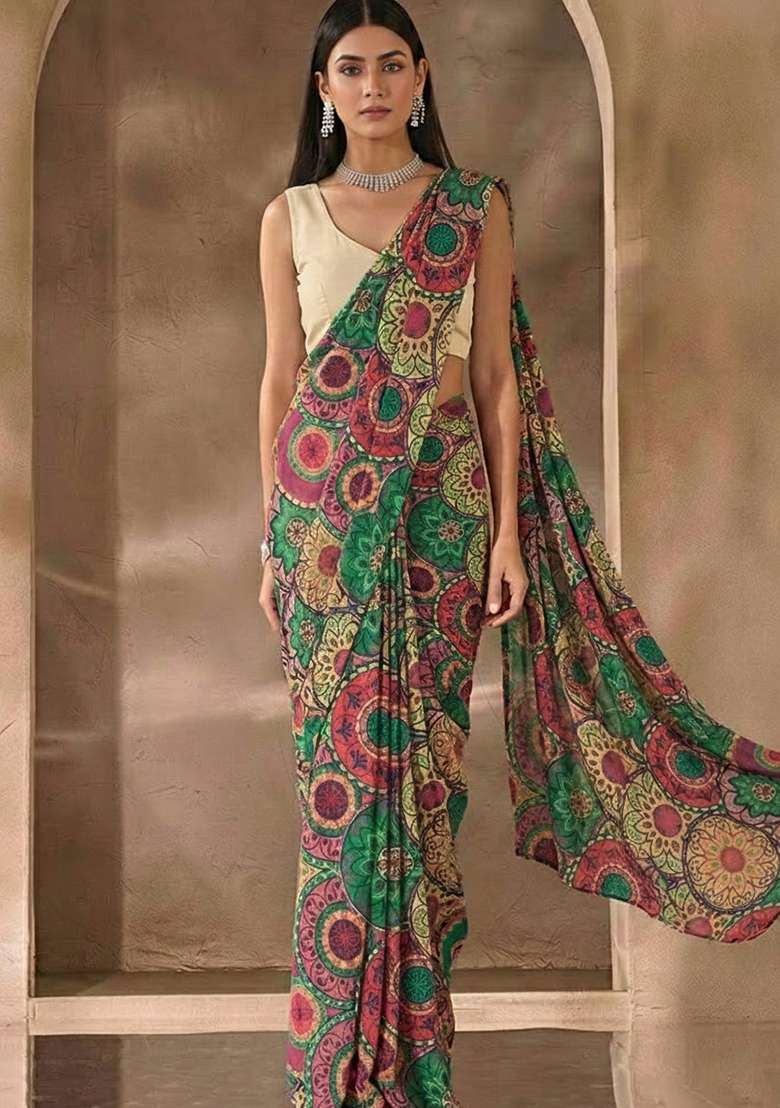 Green Printed Satin Pre Draped Saree Set for Diwali and Festive Wear - Indya