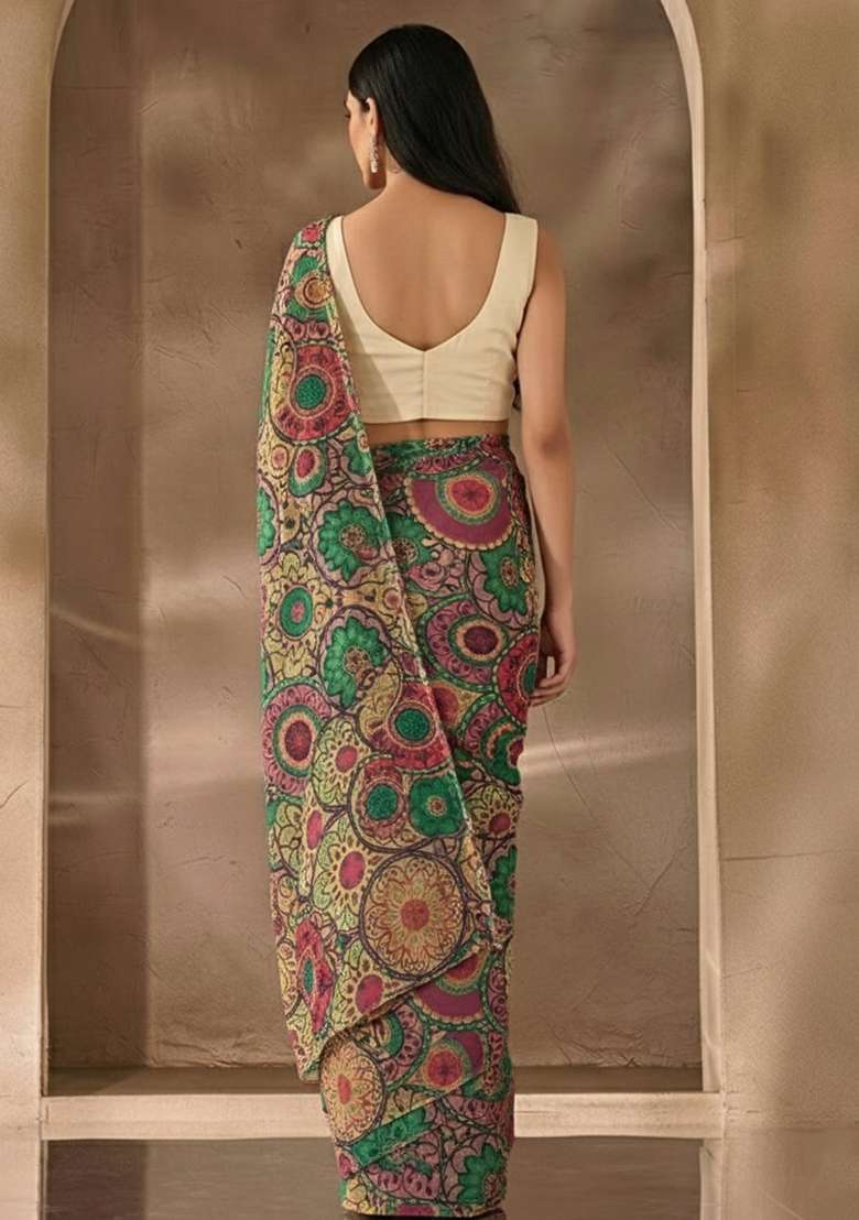 Green Printed Satin Pre Draped Saree Set for Diwali and Festive Wear - Indya