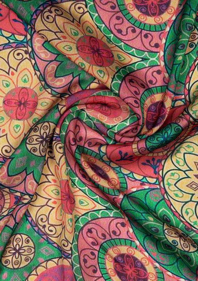 Green Printed Satin Pre Draped Saree Set for Diwali and Festive Wear - Indya