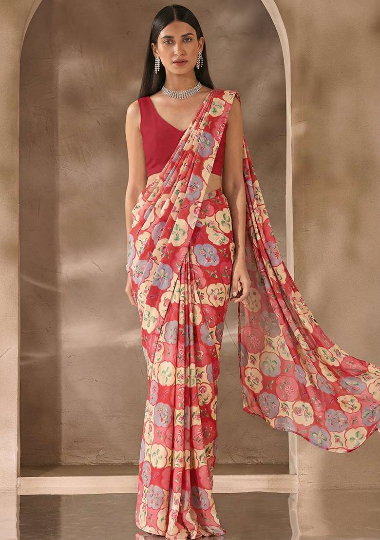 Red Satin Pre Draped Saree Set with Floral Print for Diwali | Wedding & Festive Wear - Indya