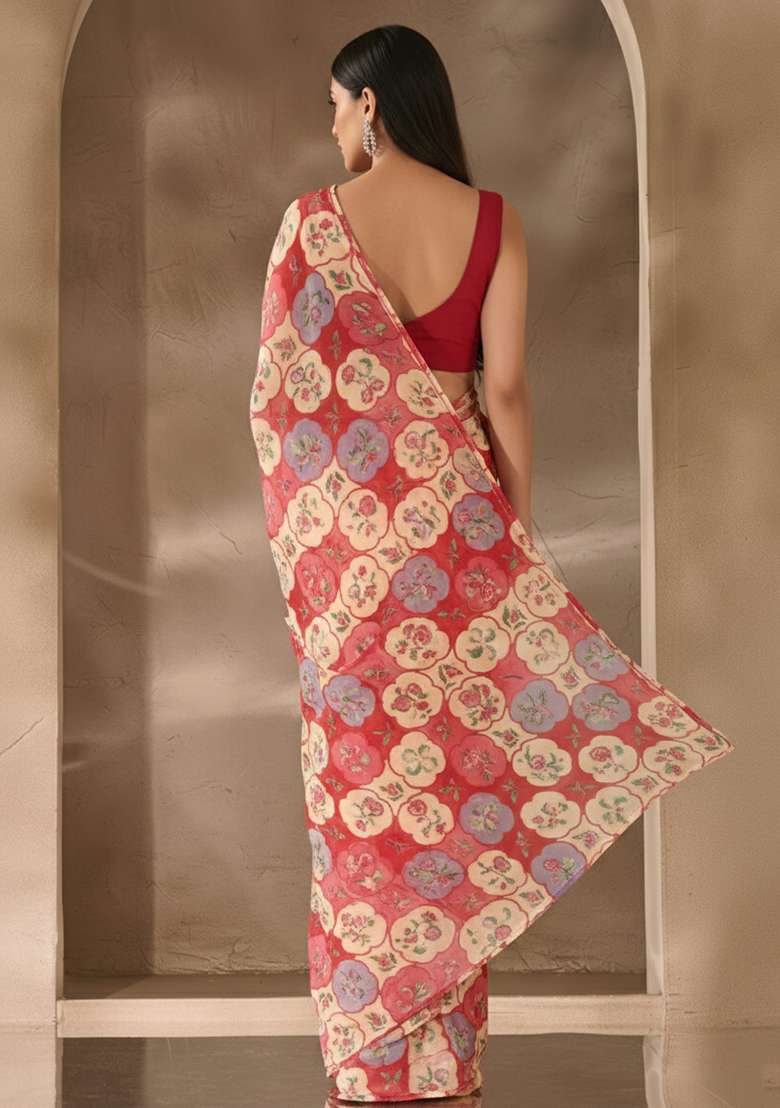 Red Satin Pre Draped Saree Set with Floral Print for Diwali | Wedding & Festive Wear - Indya