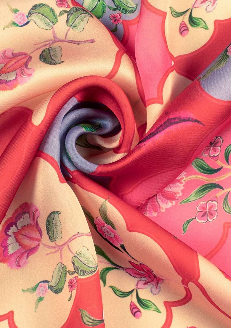Red Satin Pre Draped Saree Set with Floral Print for Diwali | Wedding & Festive Wear - Indya