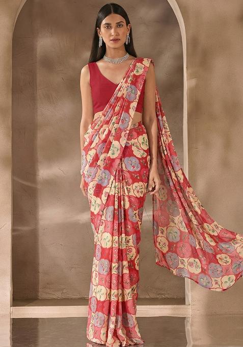 Red Floral Print Satin Pre Draped Saree Set