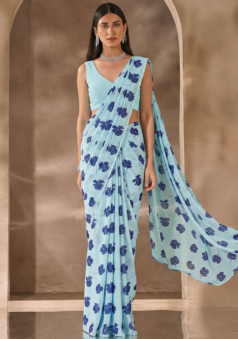 Powder Blue Satin Pre Draped Saree Set with Floral Print for Diwali | Wedding & Festive Wear - Indya