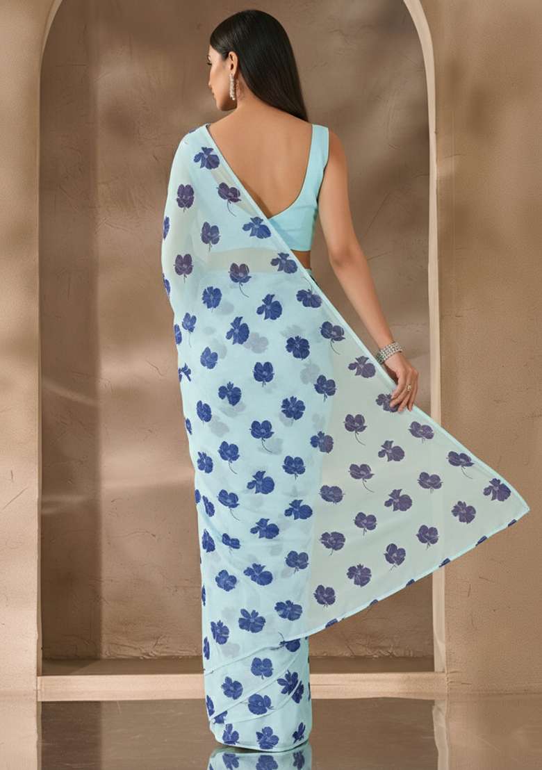 Powder Blue Satin Pre Draped Saree Set with Floral Print for Diwali | Wedding & Festive Wear - Indya