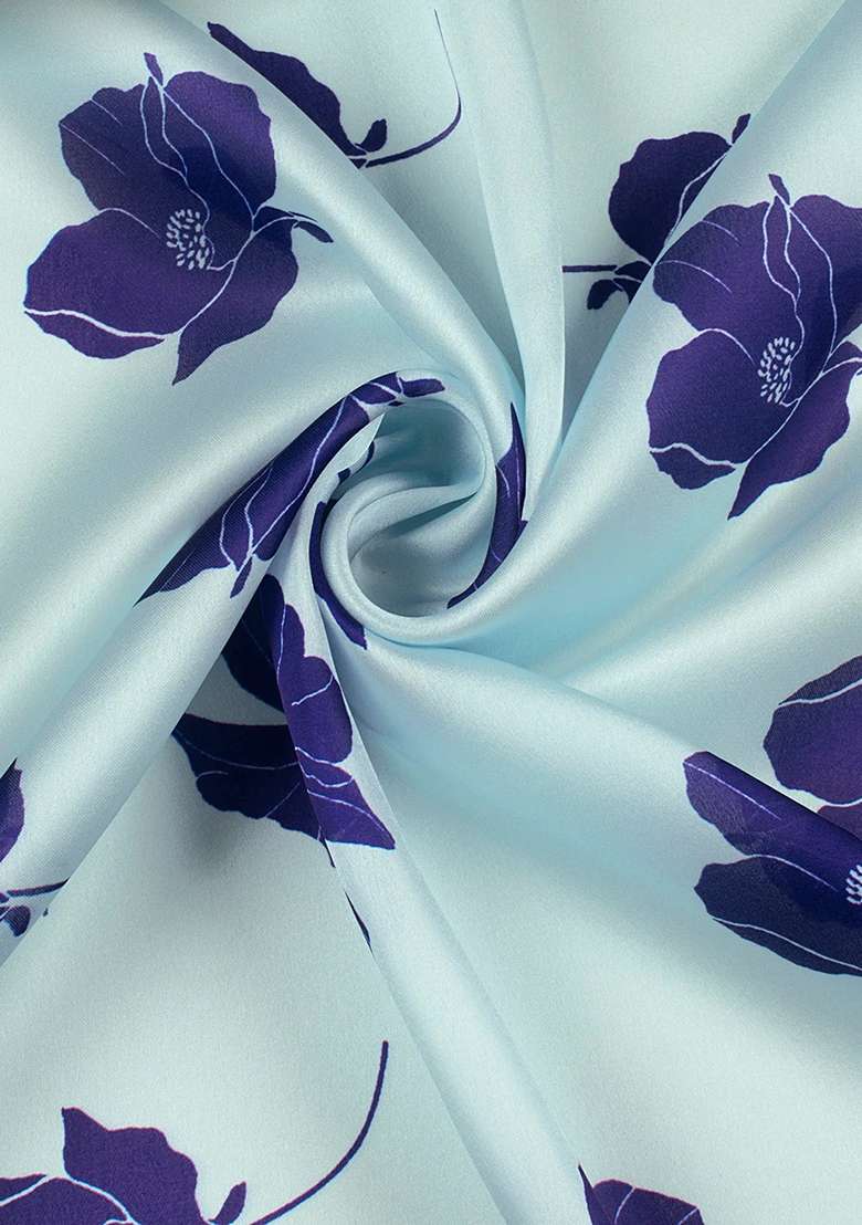 Powder Blue Satin Pre Draped Saree Set with Floral Print for Diwali | Wedding & Festive Wear - Indya