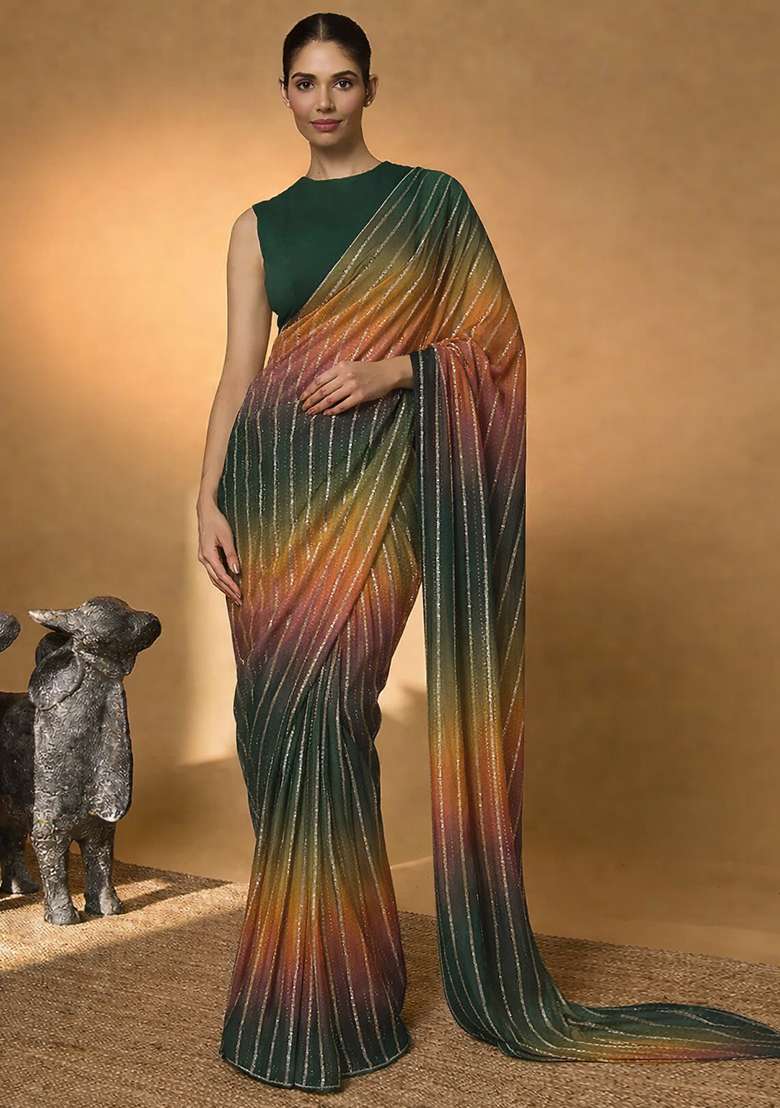 &nbsp;Green Crepe Pre Draped Saree Set - Indya