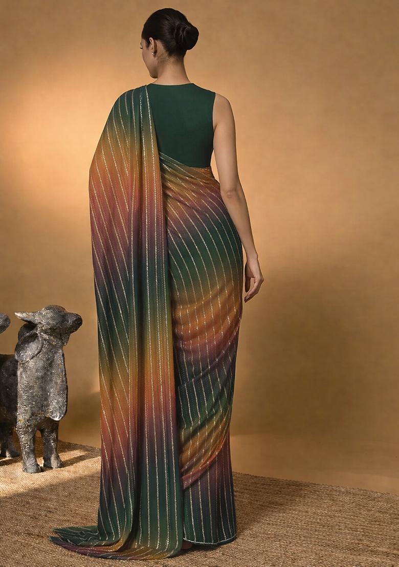 &nbsp;Green Crepe Pre Draped Saree Set - Indya