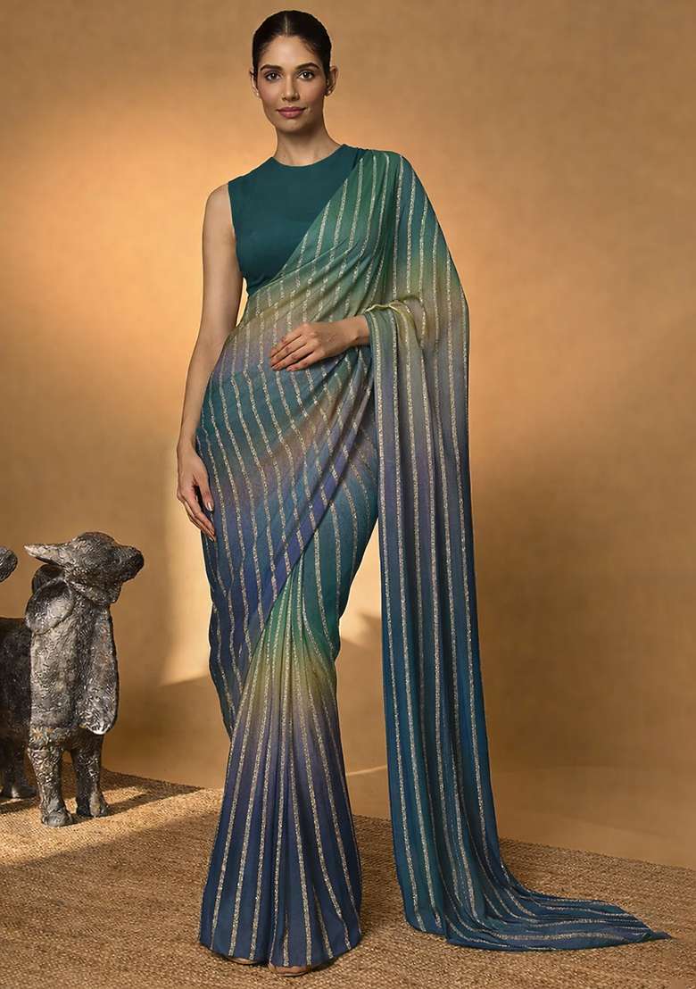 Midnight Blue Crepe Pre Draped Saree Set - Indya