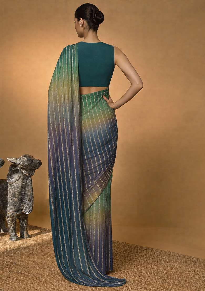 Midnight Blue Crepe Pre Draped Saree Set - Indya