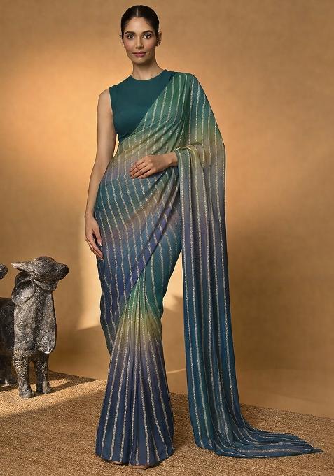 Midnight Blue Crepe Pre Draped Saree Set