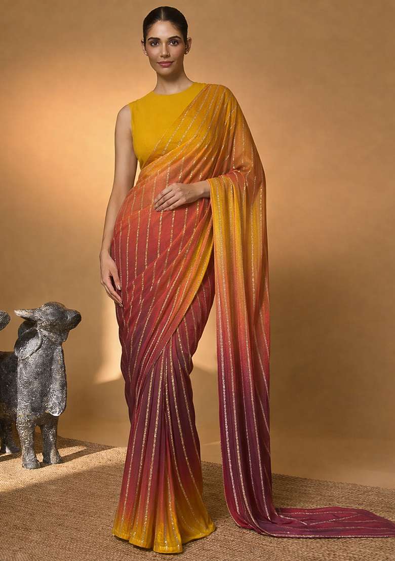 Yellow Crepe Pre Draped Saree Set - Indya