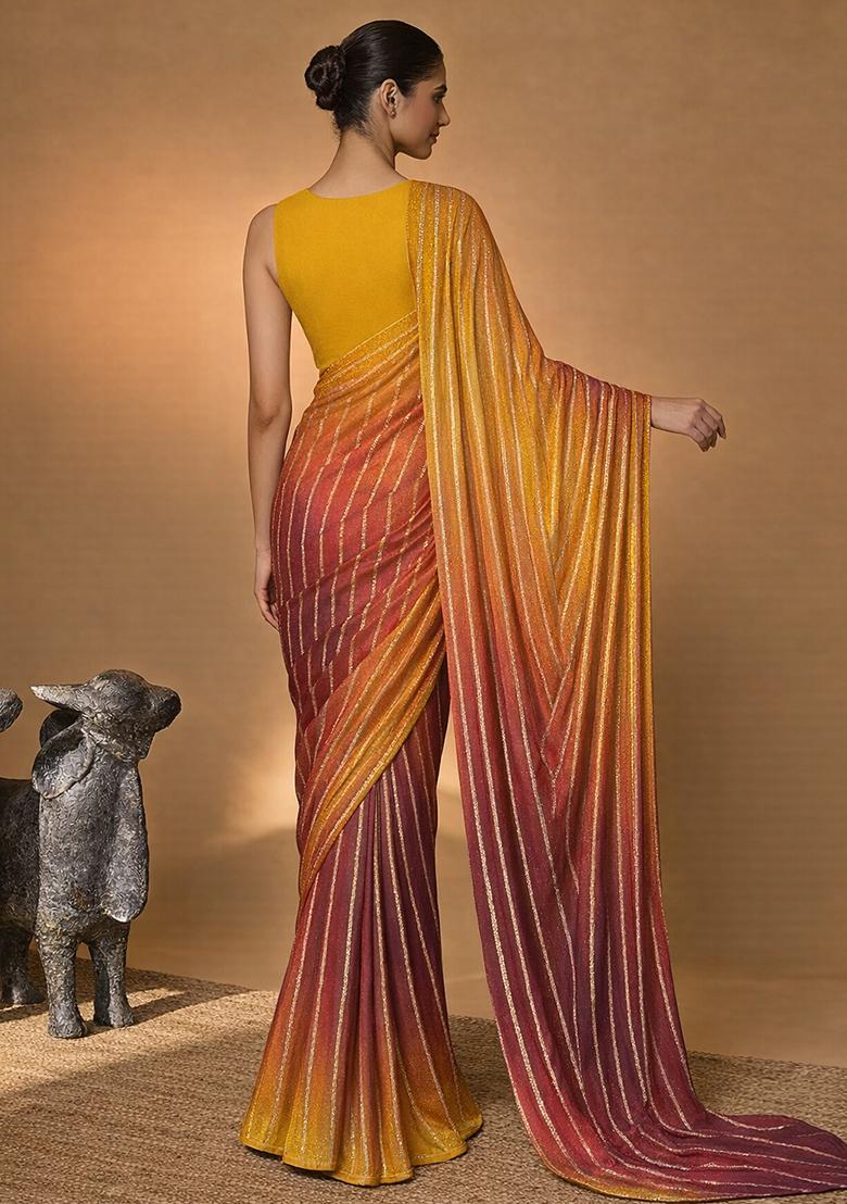 Yellow Crepe Pre Draped Saree Set - Indya