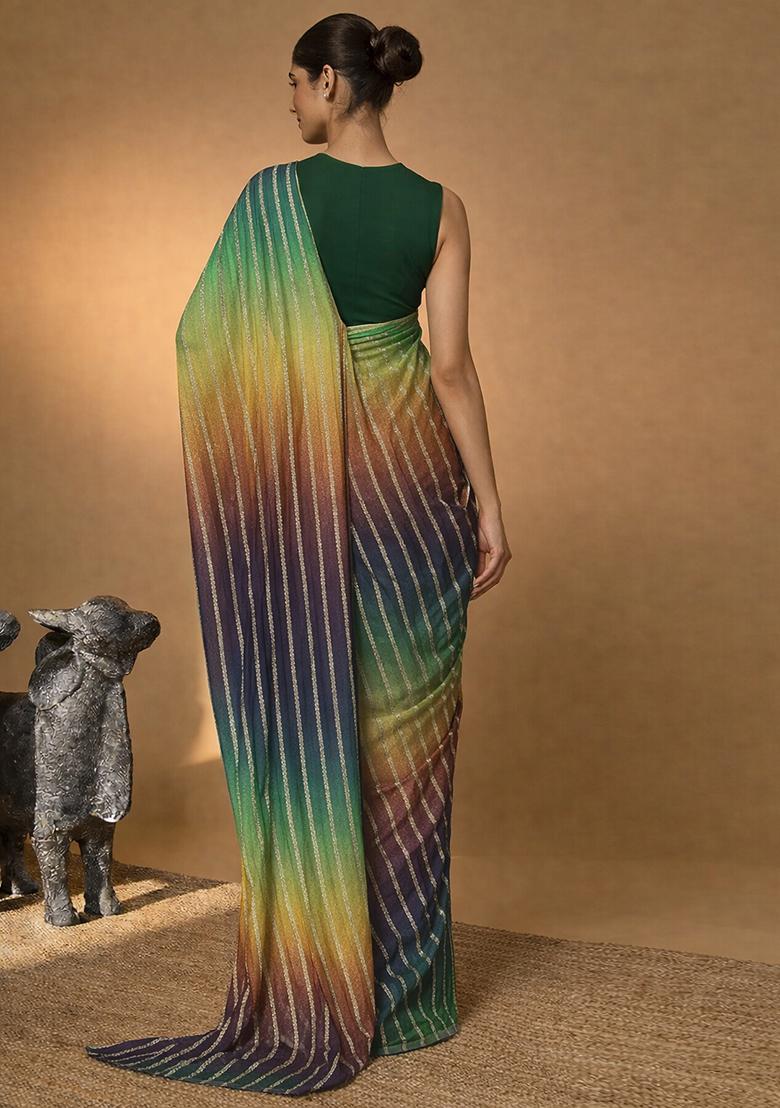 Multicolor Jacquard Crepe Pre Draped Saree Set - Indya