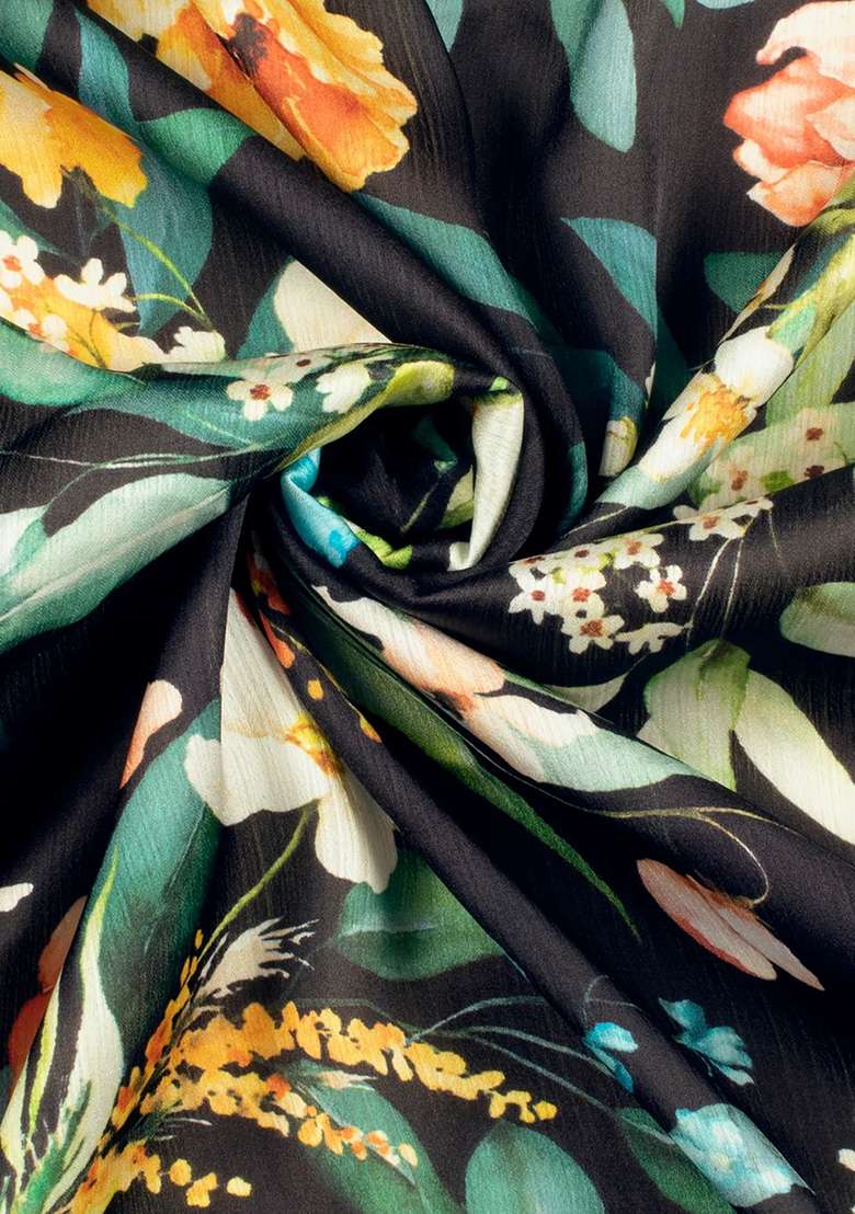 Black Floral Print Satin Pre Draped Saree Set - Indya