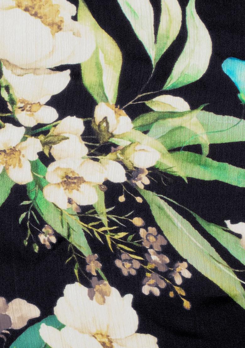 Black Floral Print Satin Pre Draped Saree Set - Indya