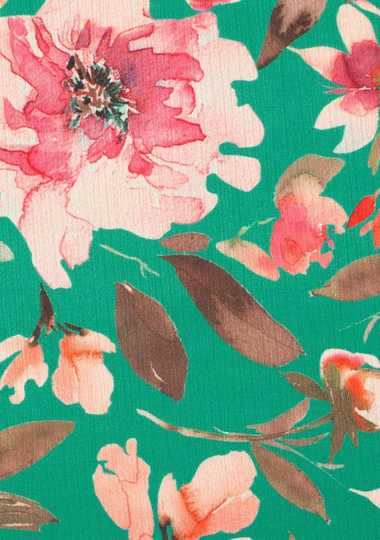 Aqua Green Floral Print Satin Pre Draped Saree Set - Indya