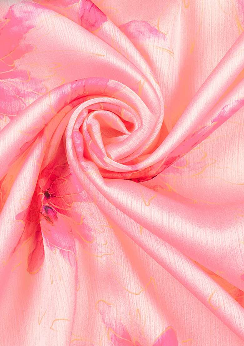 Soft Pink Floral Print Satin Pre Draped Saree Set - Indya