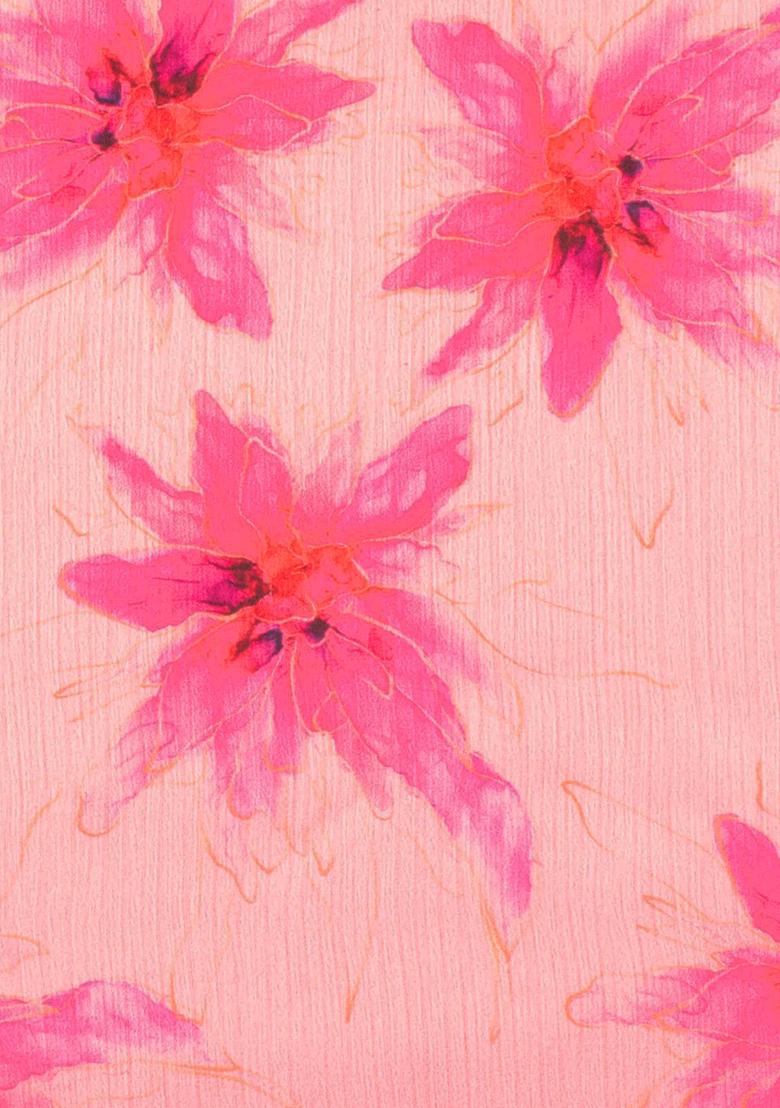 Soft Pink Floral Print Satin Pre Draped Saree Set - Indya