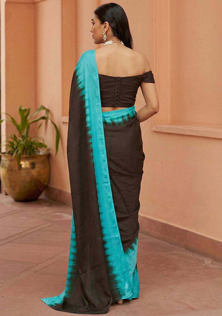 Dark Brown Satin Pre Draped Saree Set - Indya