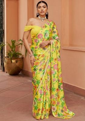 Lemon Yellow Floral Print Satin Pre Draped Saree Set