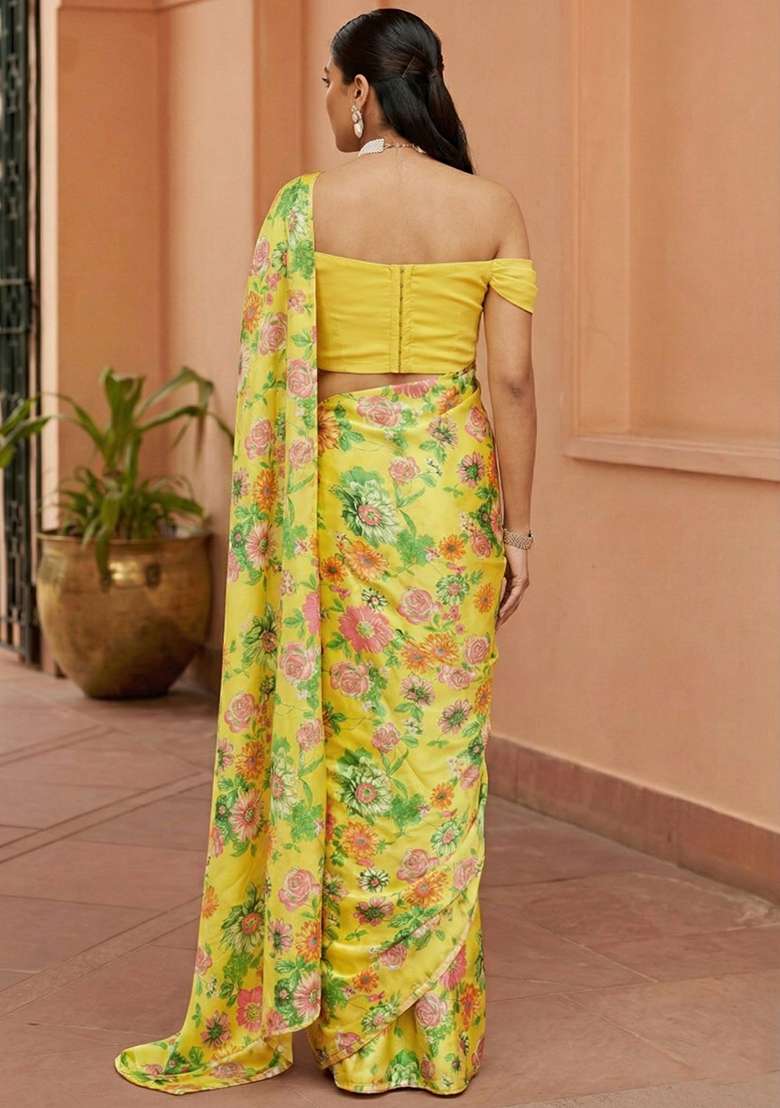 Lemon Yellow Floral Print Satin Pre Draped Saree Set - Indya