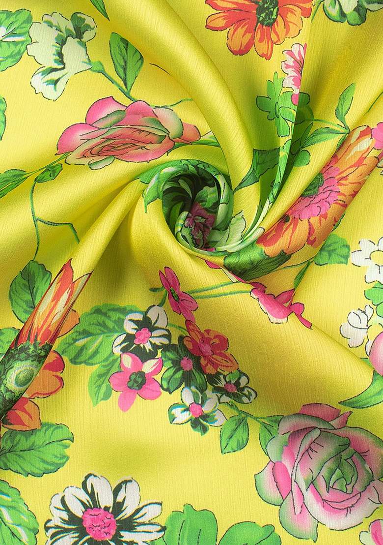 Lemon Yellow Floral Print Satin Pre Draped Saree Set - Indya