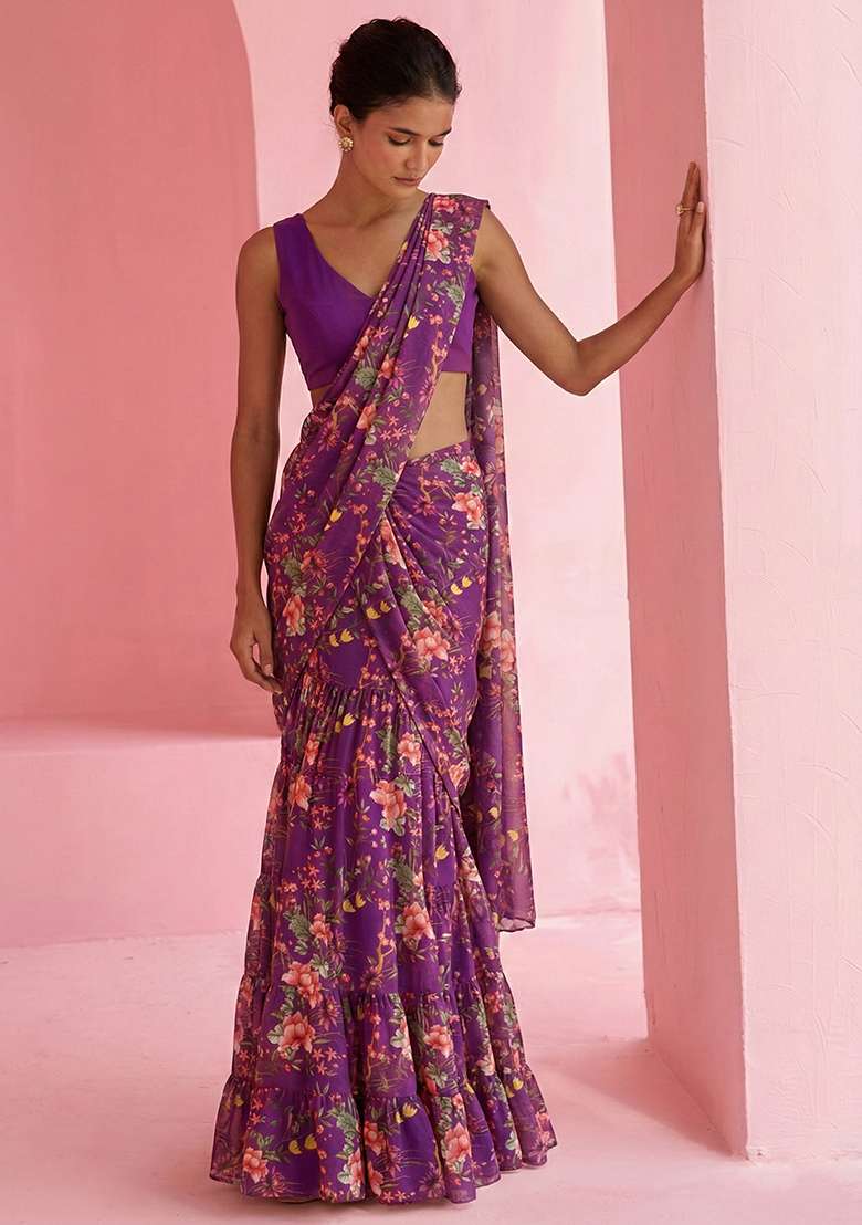 Purple Floral Print Satin Pre Draped Saree Set - Indya