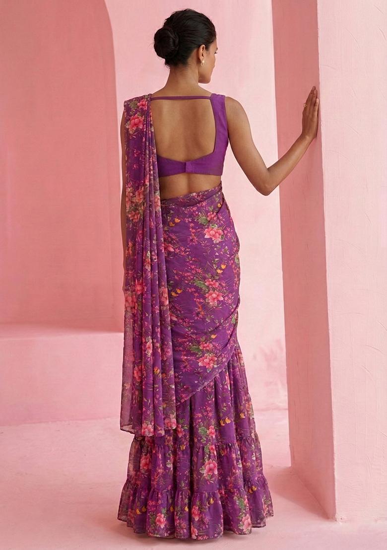 Purple Floral Print Satin Pre Draped Saree Set - Indya
