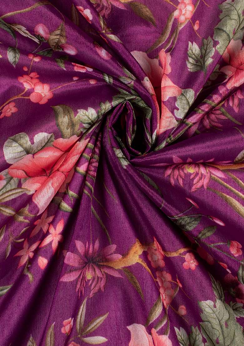 Purple Floral Print Satin Pre Draped Saree Set - Indya