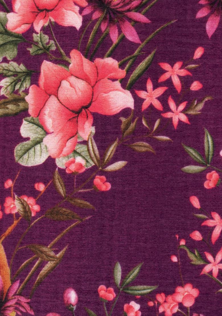 Purple Floral Print Satin Pre Draped Saree Set - Indya