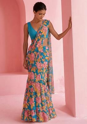 Aqua Green Floral Print Satin Pre Draped Saree Set