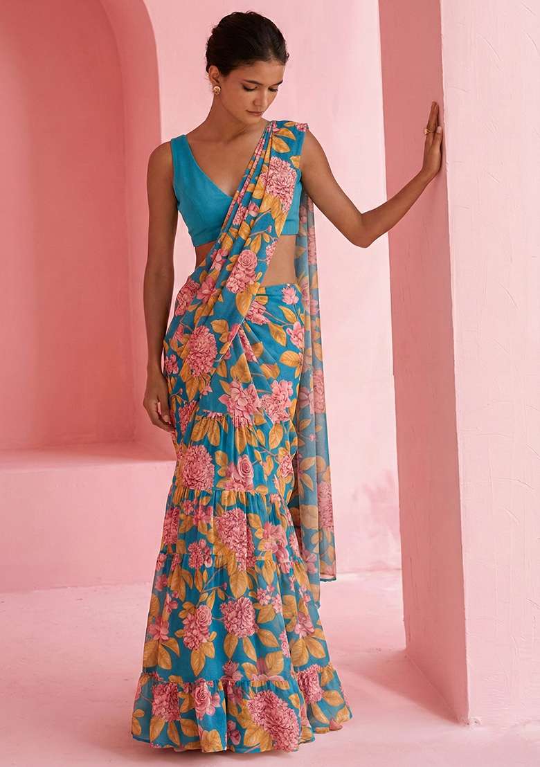 Aqua Green Floral Print Satin Pre Draped Saree Set - Indya