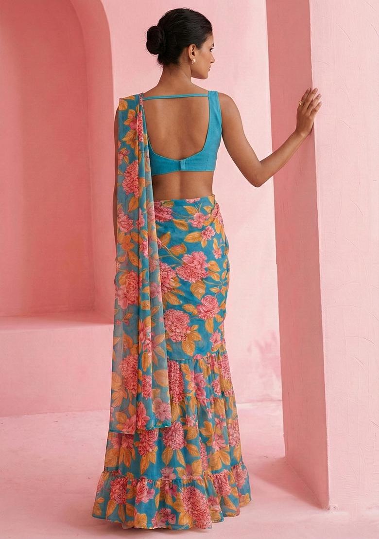 Aqua Green Floral Print Satin Pre Draped Saree Set - Indya