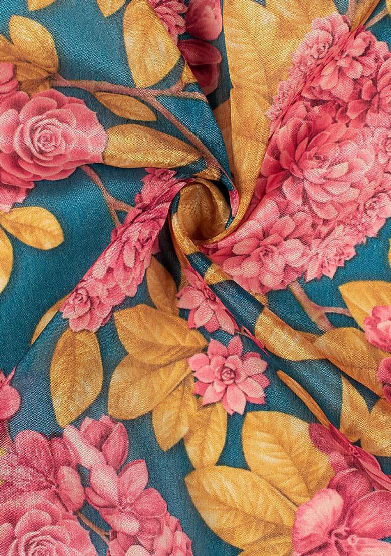 Aqua Green Floral Print Satin Pre Draped Saree Set - Indya