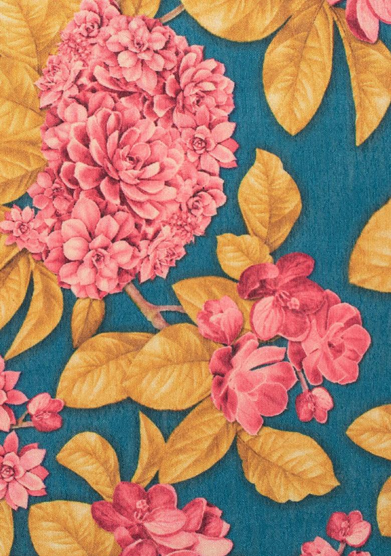 Aqua Green Floral Print Satin Pre Draped Saree Set - Indya