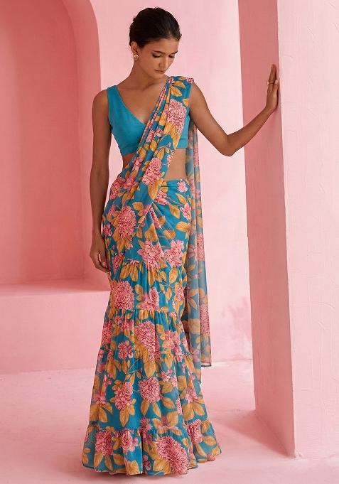 Aqua Green Floral Print Satin Pre Draped Saree Set