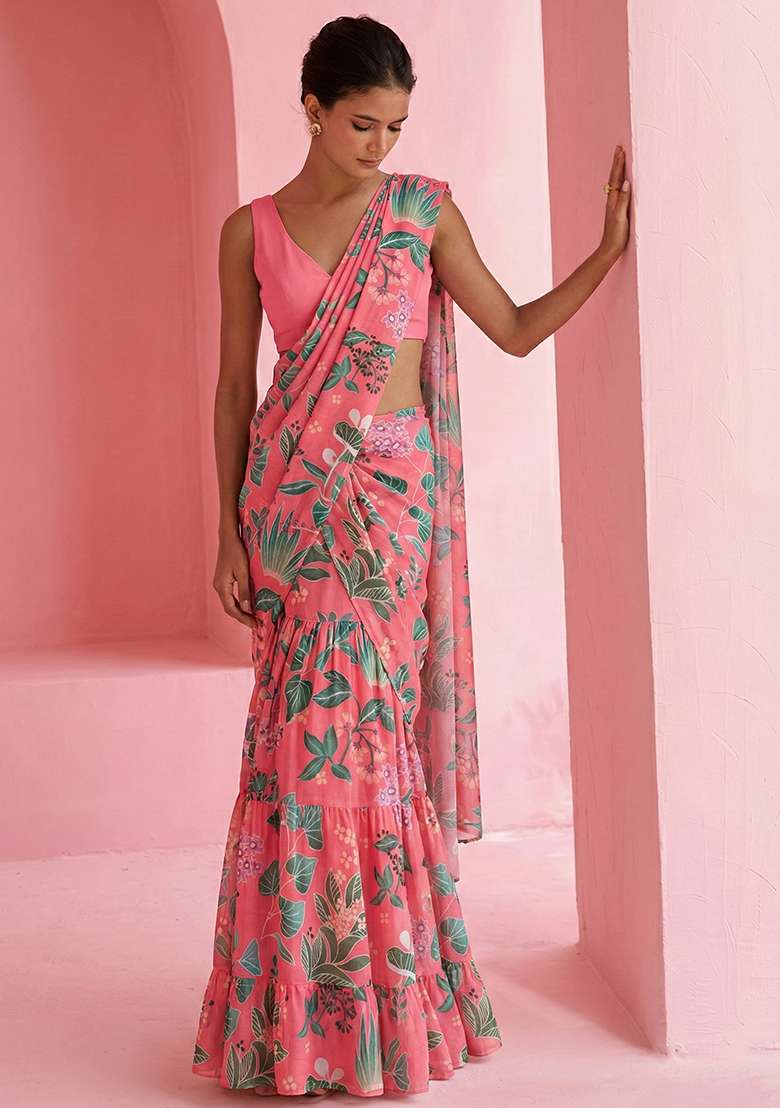 Pink Floral Print Chinon Pre Draped Saree Set - Indya