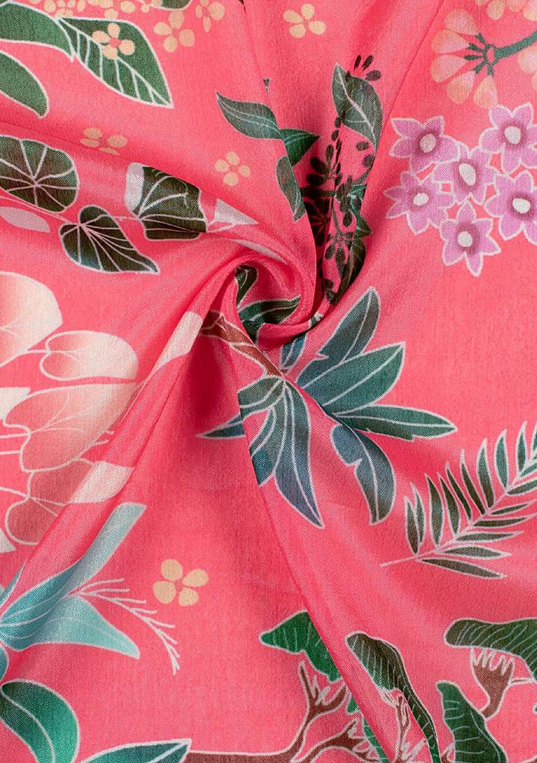 Pink Floral Print Chinon Pre Draped Saree Set - Indya